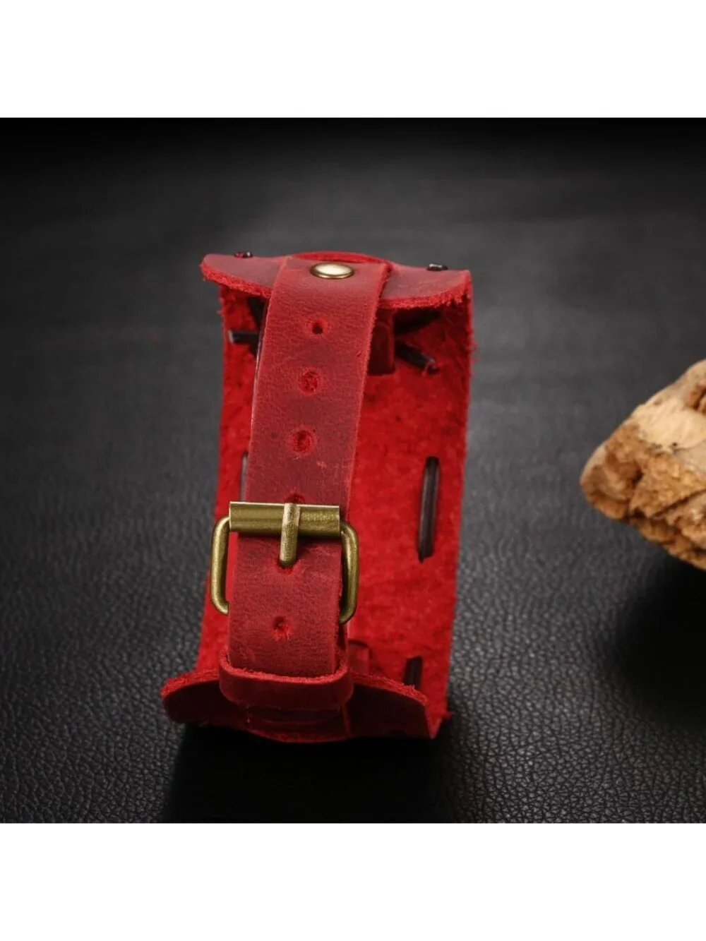 Unisex Red Analog Quartz Arabic Numerals Wide Leather Strap Vintage Wrist Watch
