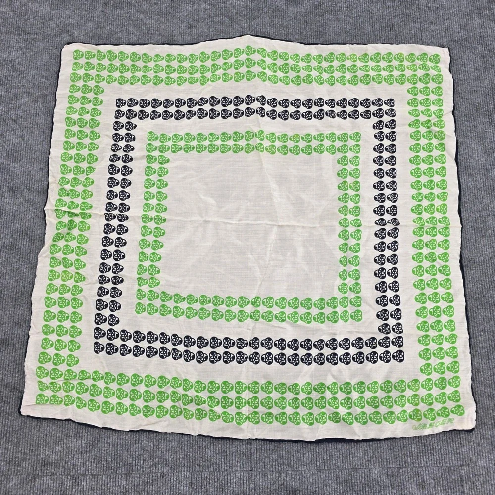 Jaeger Vintage Silk Scarf Made in Italy Green Navy Blue Geometric Square 26x26