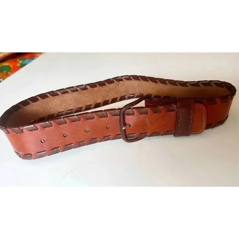 Vintage Brighton Brown‎ Tan Leather Vinyl Men’s Belt 31” Length