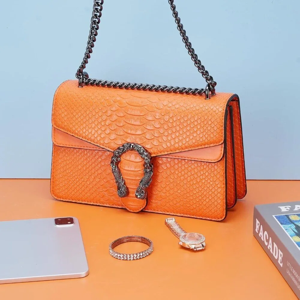 ⚡ Women's Orange Snake Vegan Leather Print Casual Satchel Crossbody Handbag