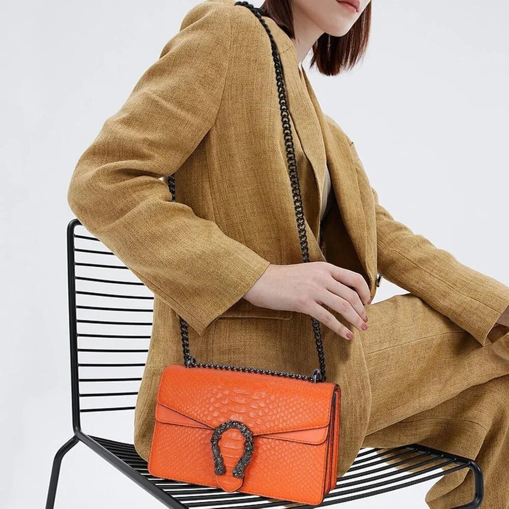 ⚡ Women's Orange Snake Vegan Leather Print Casual Satchel Crossbody Handbag