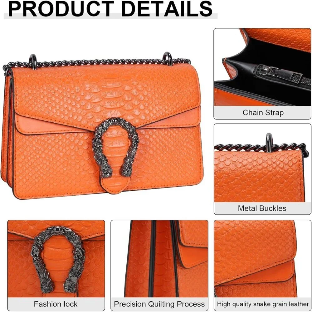 ⚡ Women's Orange Snake Vegan Leather Print Casual Satchel Crossbody Handbag