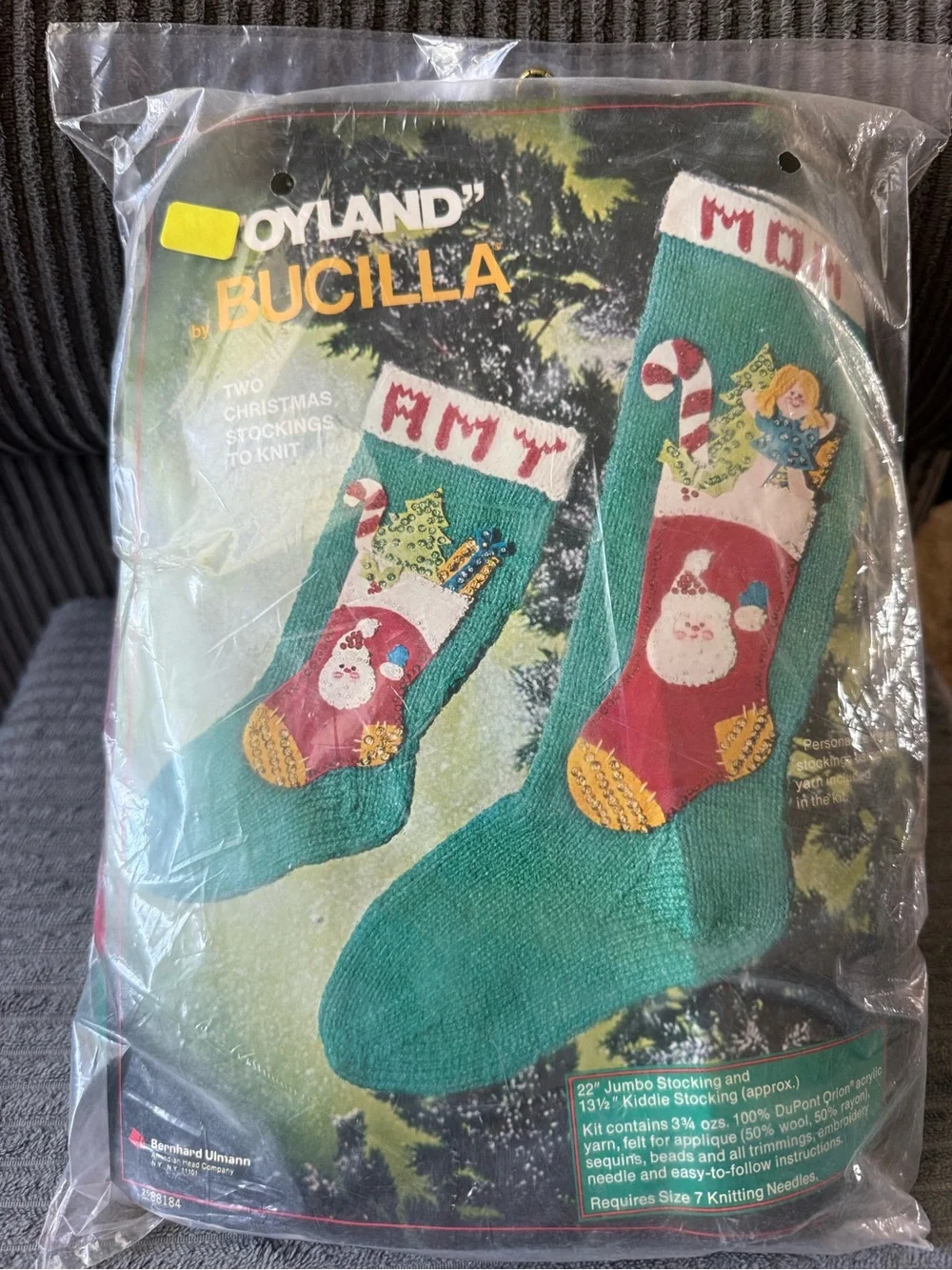 New Bucilla Green Christmas Stocking Knit Kit with Red Santa Appliqué