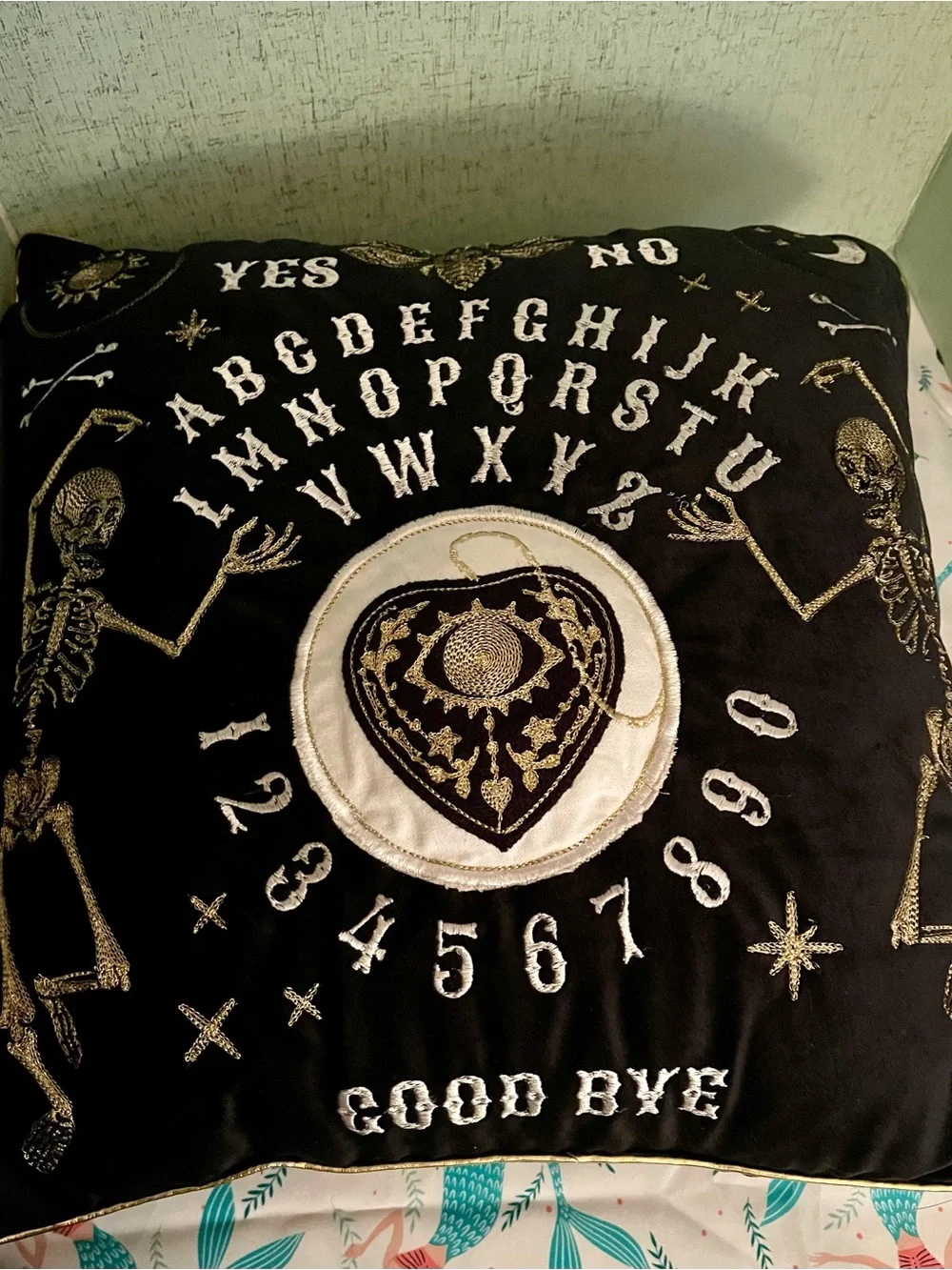 Ouija Planchette Embroidered Velvet Pillow - Black and Gold with Skeletons