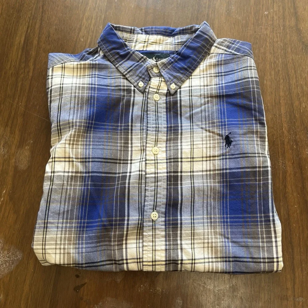 Vintage Ralph Lauren Mens XL Plaid Check Button Down Long Sleeve Shirt Blue