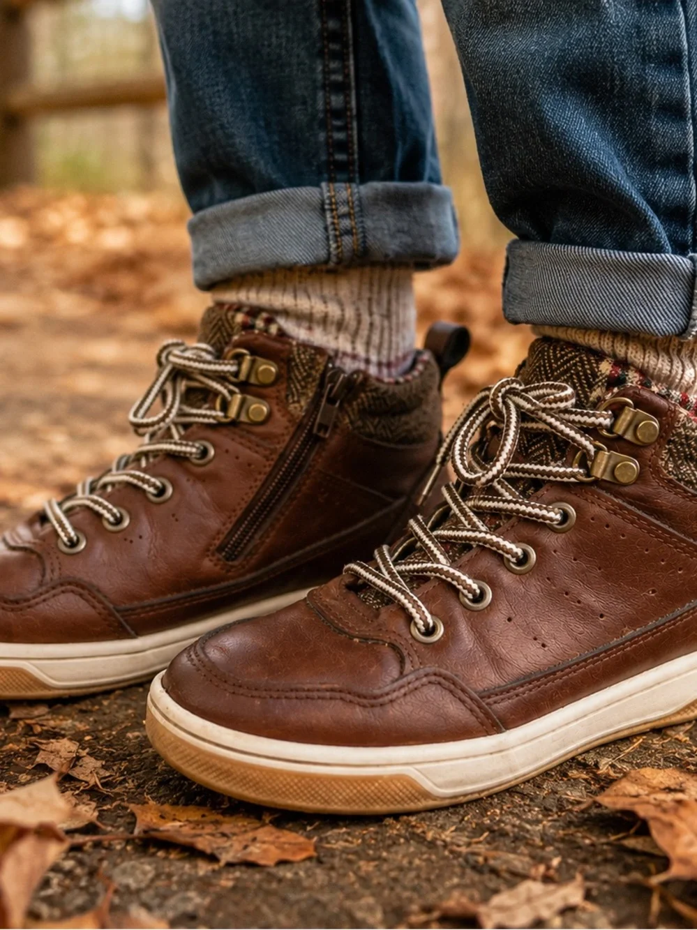 Kids Brown High Top Sneaker Boots Size 11 Lace Up Zip Plaid Lined