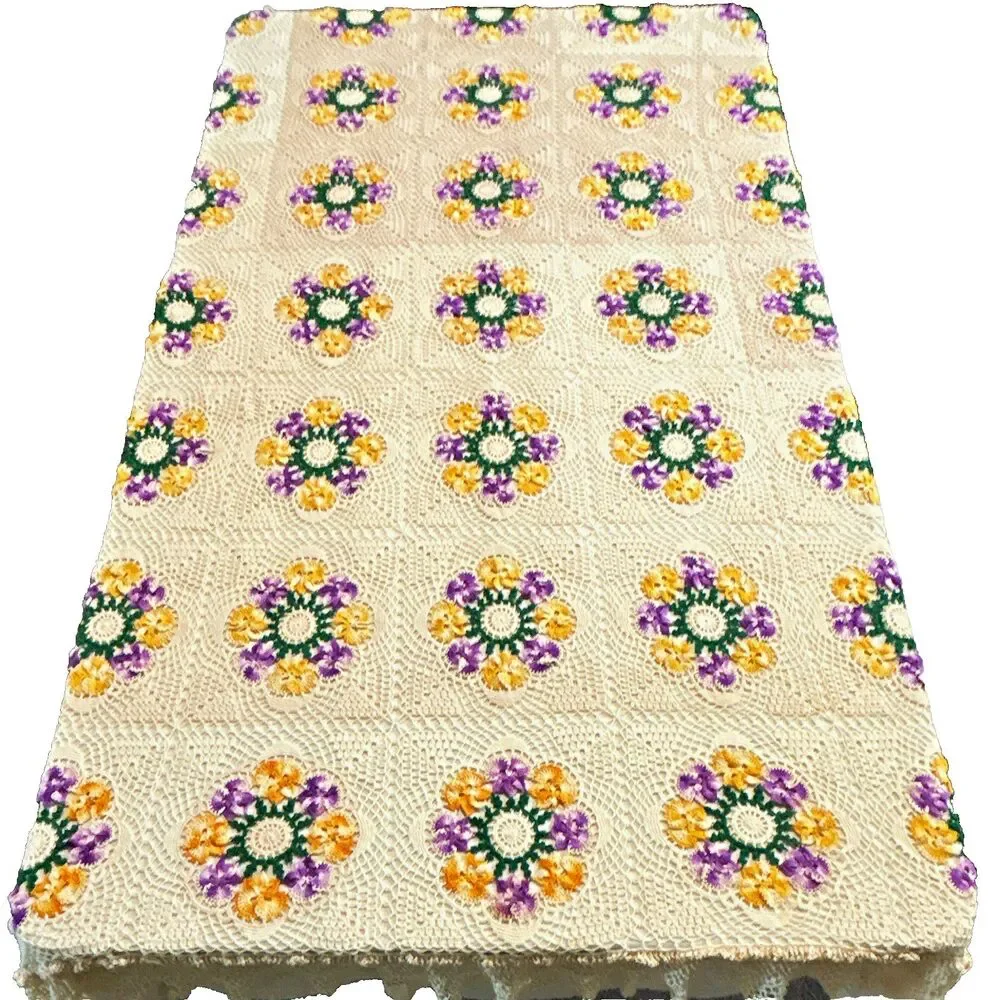 Vint Handmade Crochet Granny Square Bedspread Blanket Floral Purple Gold 82x62