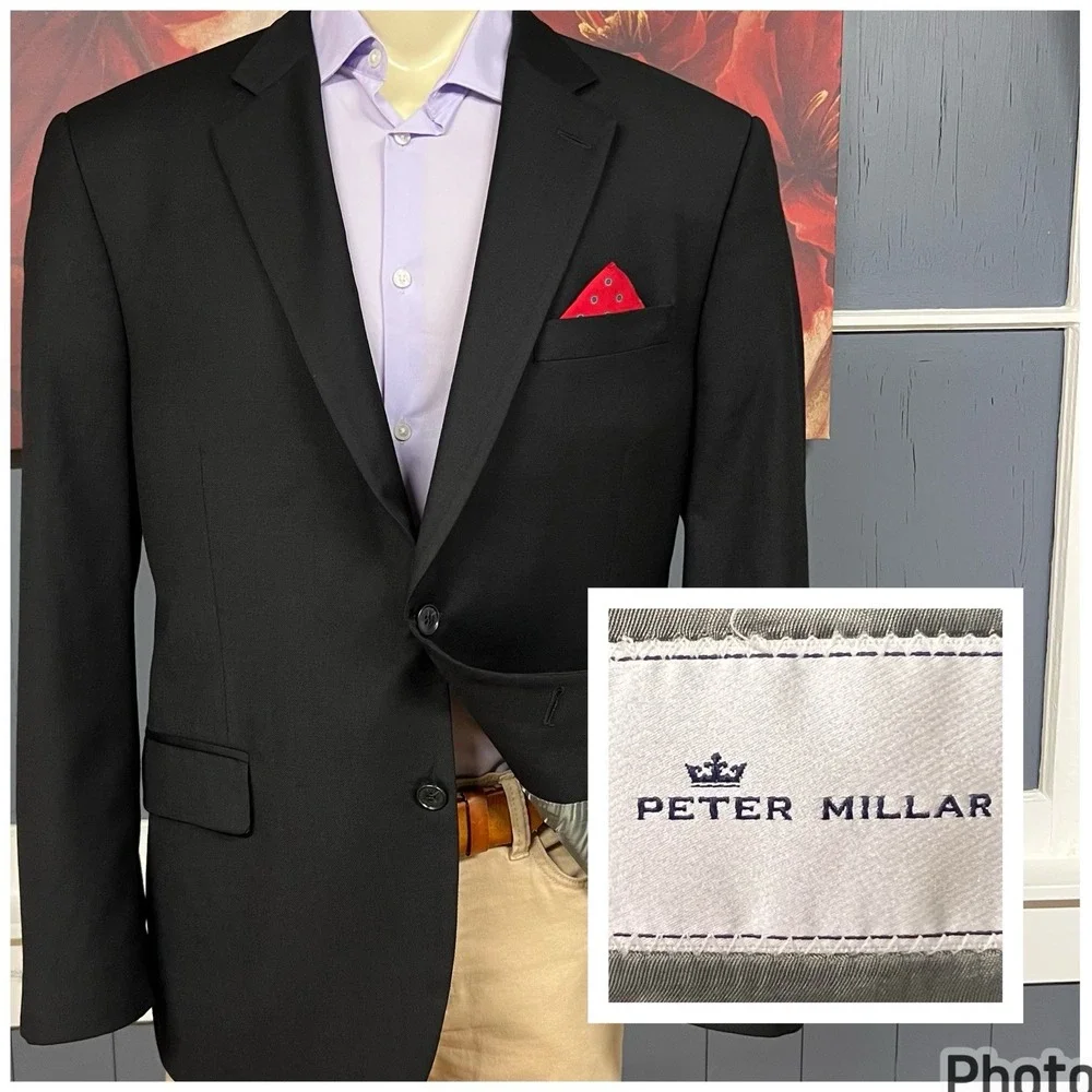 Peter Millar (Actual Size 44R) Wool Mens Blazer Jacket Sport Coat Black
