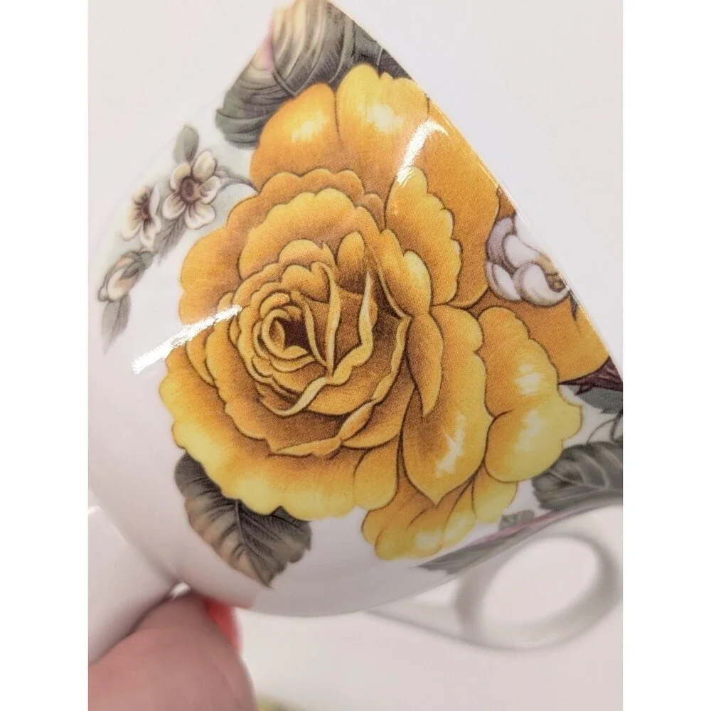 Stechcol Gracie Bone China Vintage White Floral Berries Roses Teacups Set of 2