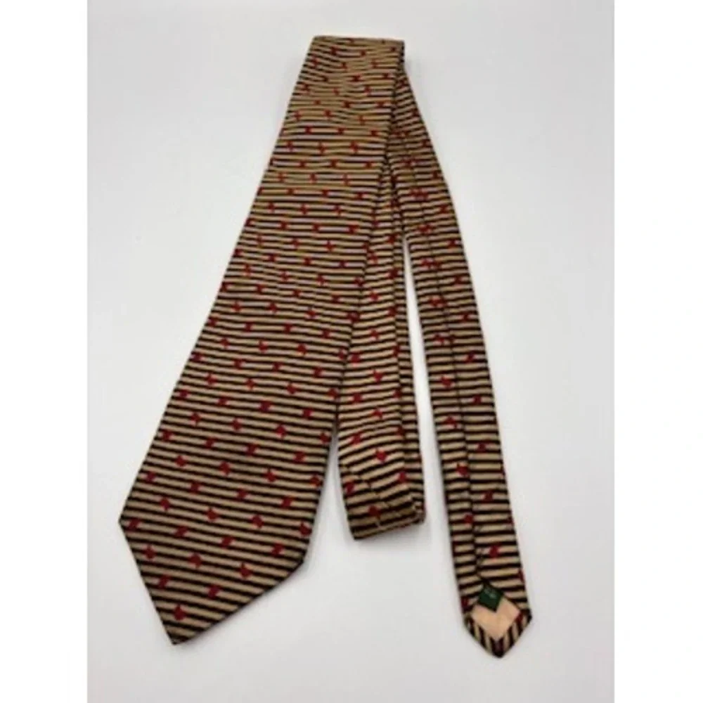 TOM JAMES‎ 100% Silk Tie Gold Navy Red Paisley Striped Handmade Business Classic