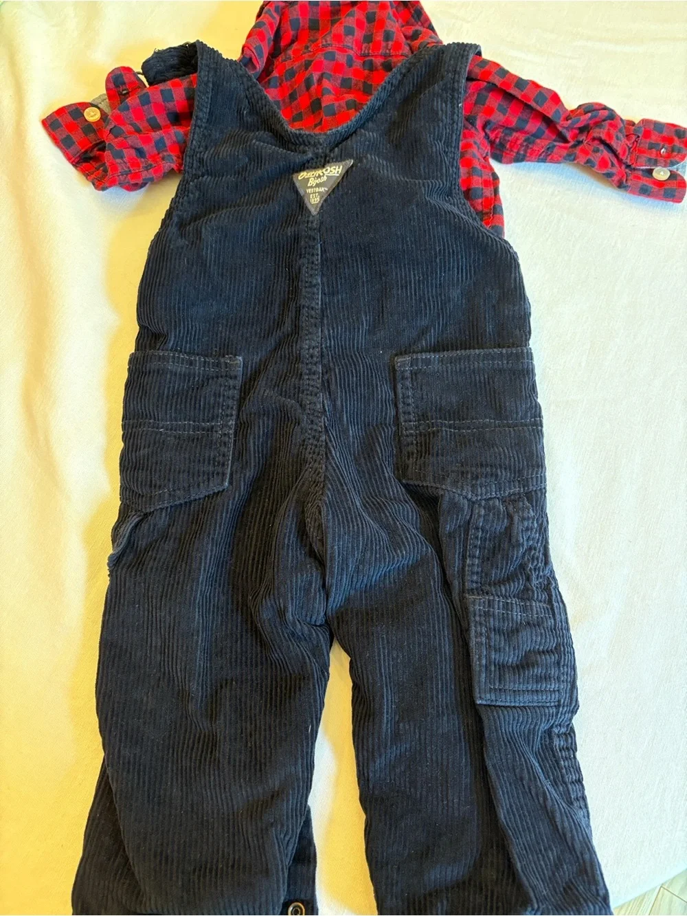 OshKosh B'gosh Navy Corduroy Overalls with Red Plaid Shirt