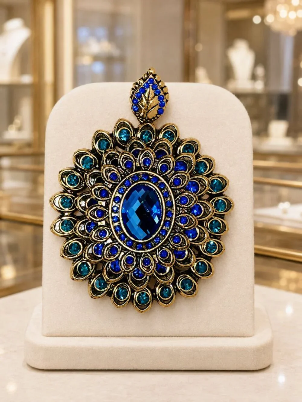 Ornate Gold-Tone Blue & Teal Rhinestone Peacock Statement Brooch\Pendant