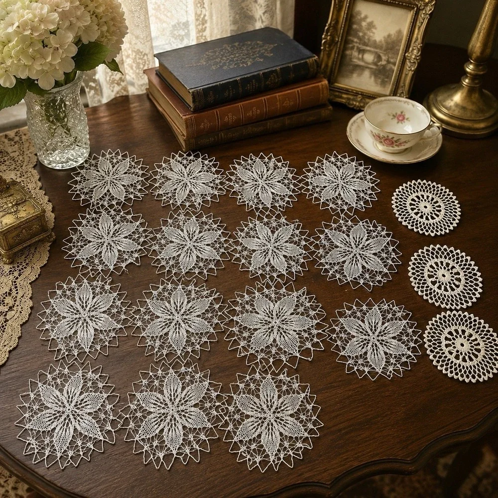 Antique Lot of 18 Handmade Round Doilies Table Top Doily Crochet Lace Cottage