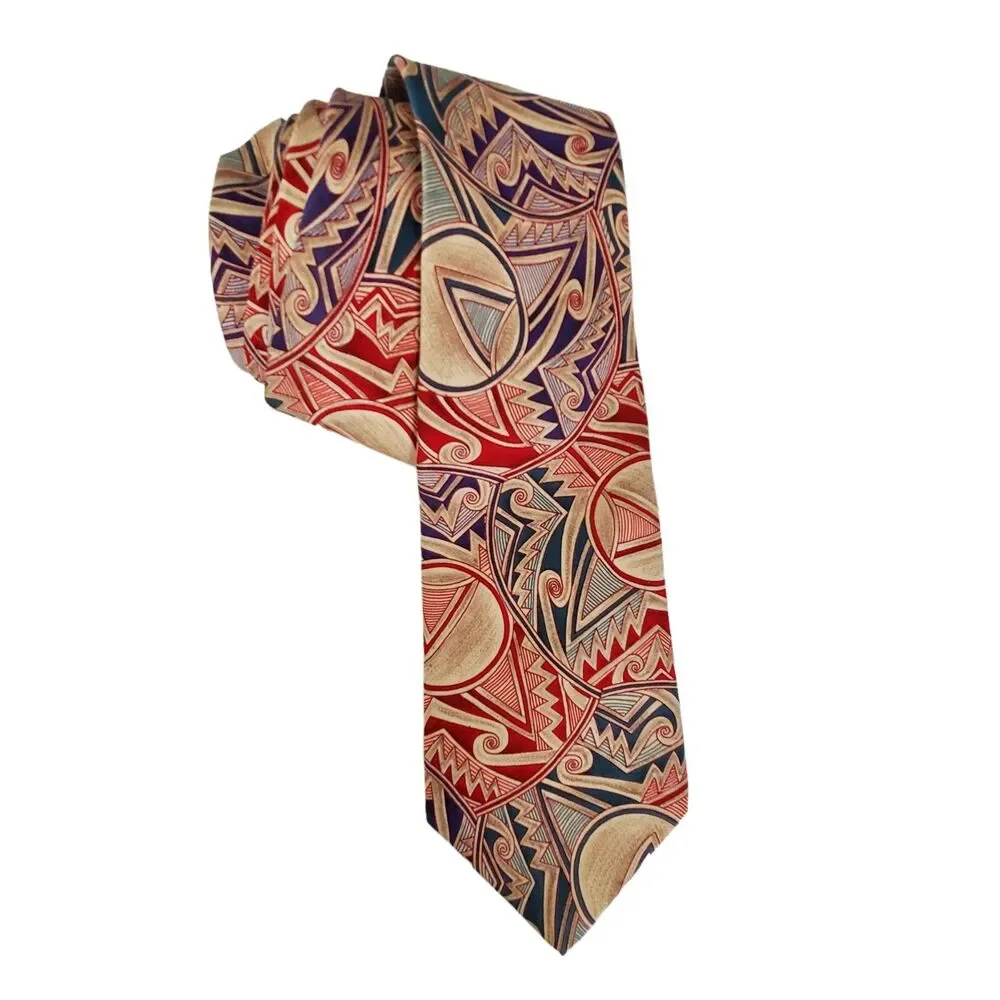 PAUL FREDRICK Handmade in‎ USA 100% Silk Men's Abstract Tan Red Green Necktie