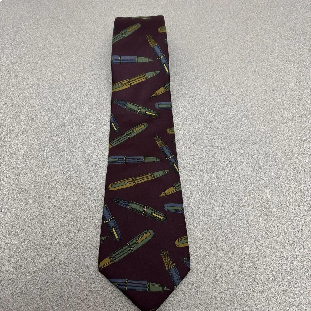 Vintage Jones New York 100 % Silk Neck Tie,  Dark Burgundy With Ink Pen Print