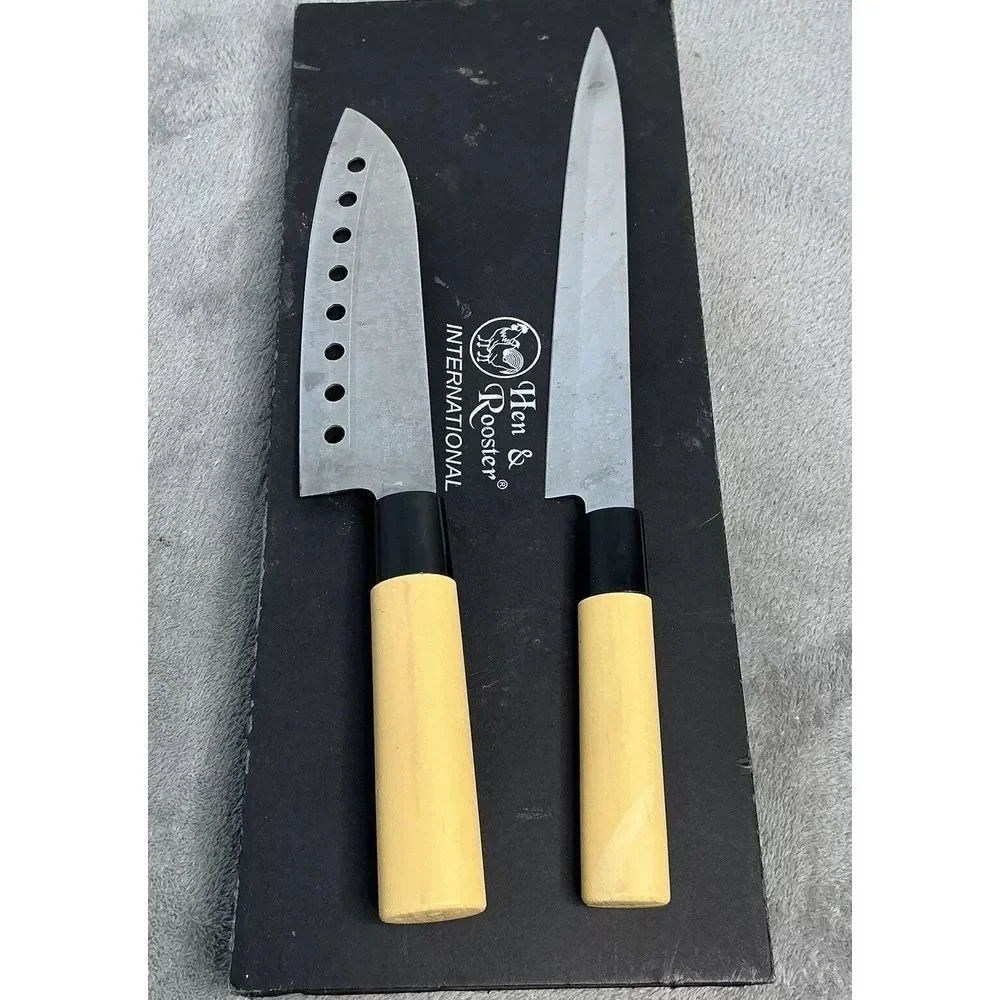 Hen & Rooster Three Piece Kitchen Knife Set 2pc Tan Wood Stainless K100‎