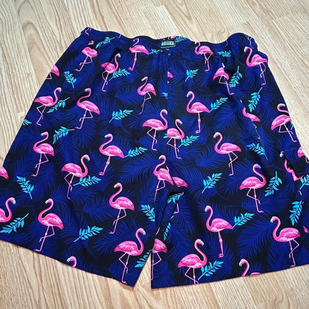 Brisira Mens Flamingo Tropical Print Swim Trunks‎ Navy Pink 44 Board Shorts