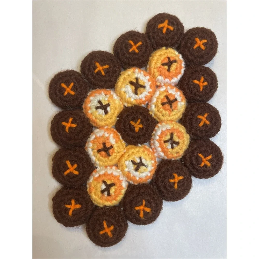Vintage Crochet Hot Pad Trivet | Orange Brown Circles‎ with Xs | Cottage Grandma