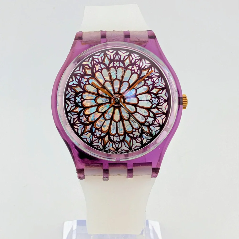 Vintage 1994 Swatch Gent Quasimodo GV108 Notre Dame Stained Glass 34mm Watch