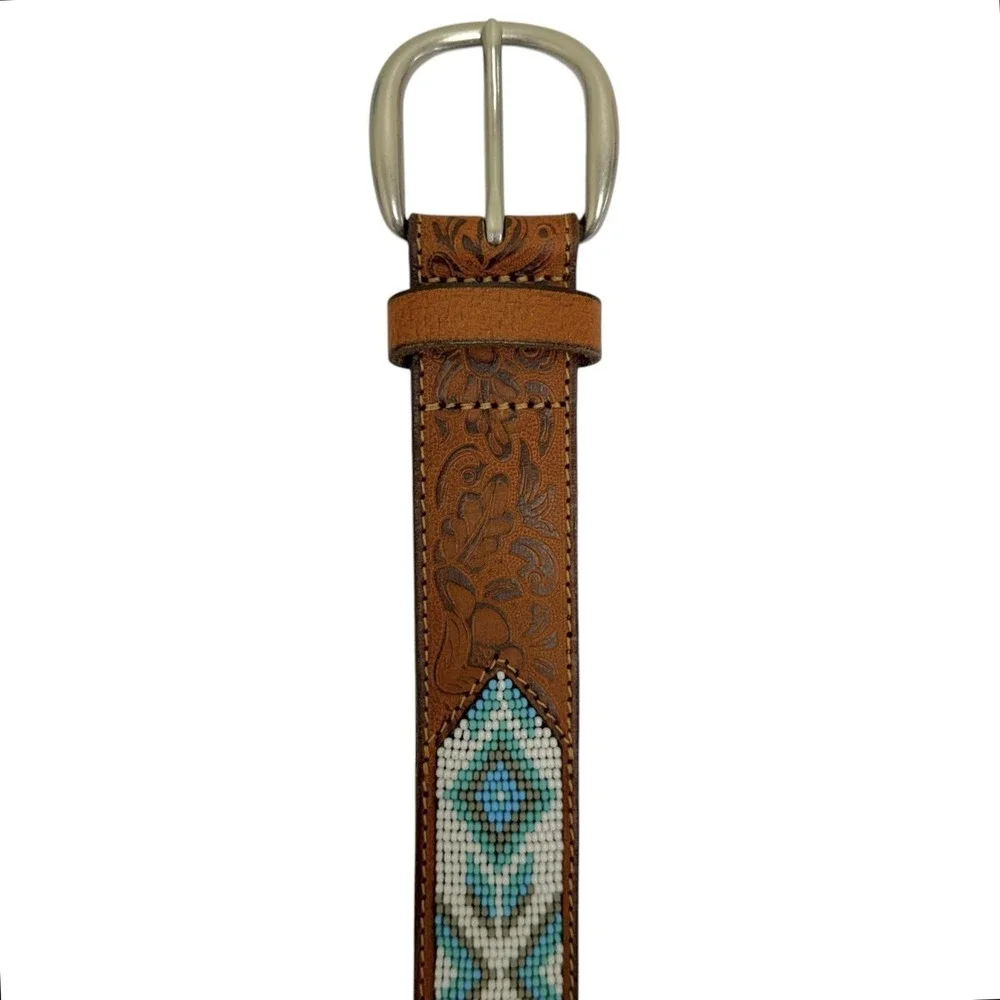 Lucky Brand Women's Large  Western Brown Beaded Strap Genuine‎ Leather Belt NWT