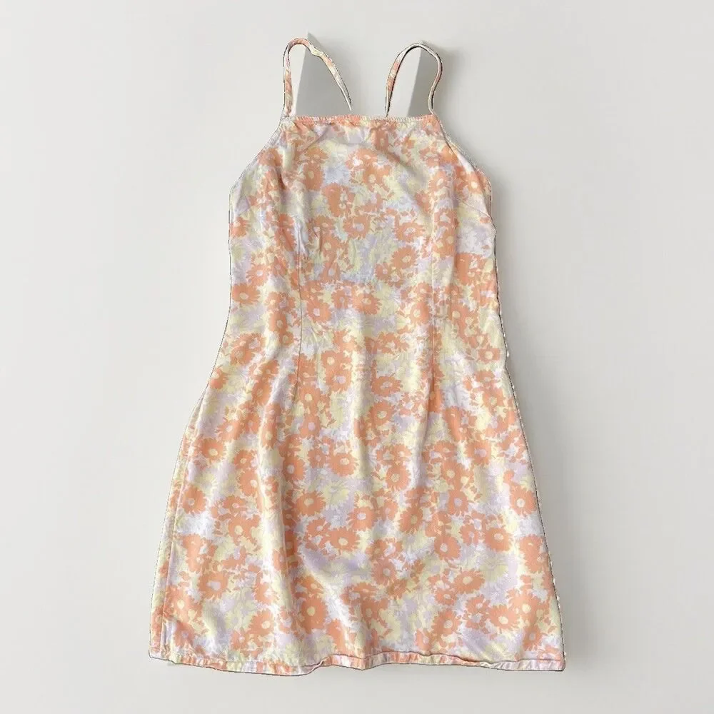 RVCA Girls Orange Floral Dress Size M 10 Sleeveless Criss Cross Back Zip