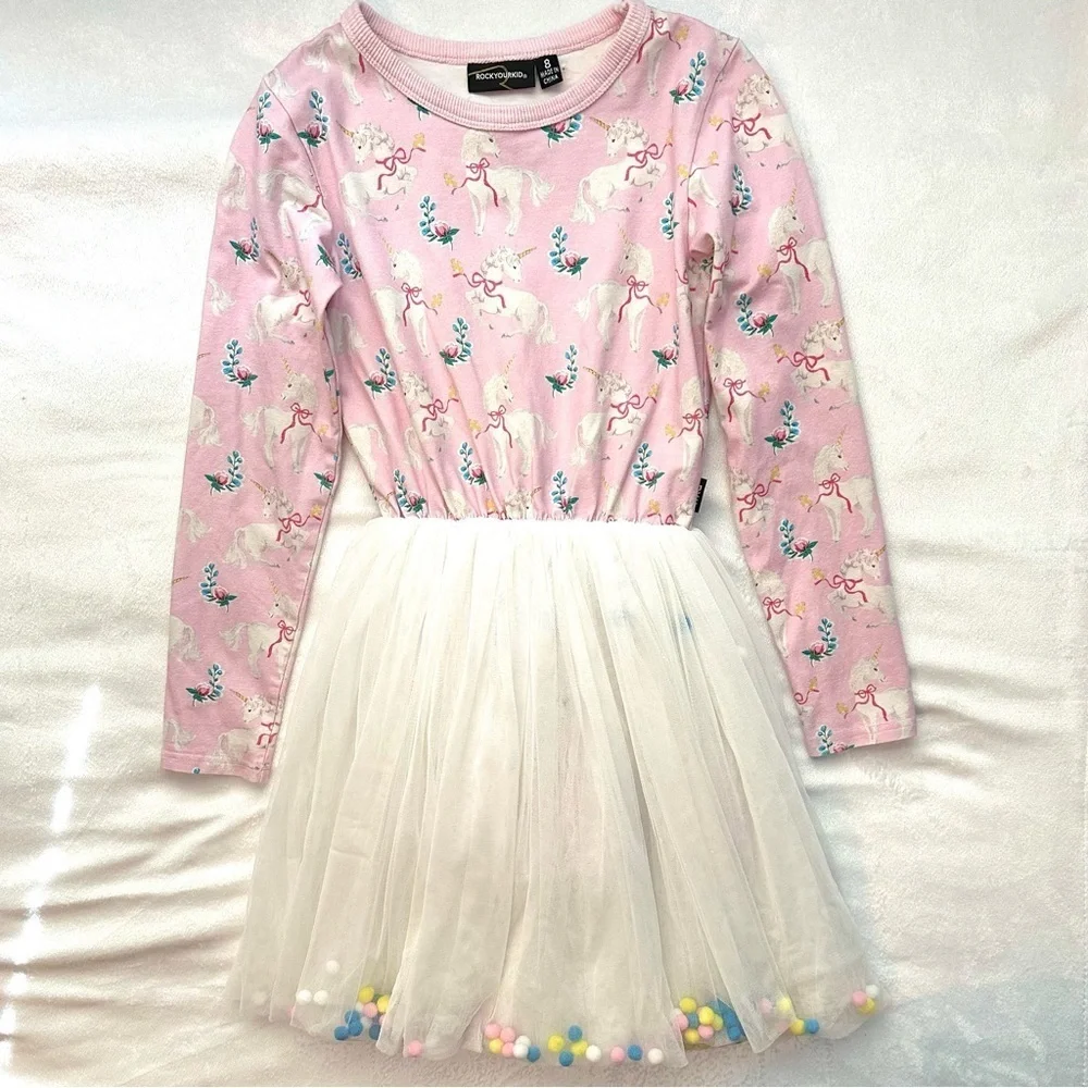 Rock Your Kid Pink Unicorn Colorful Pom Pom Tulle Circus Party Dress Girls 8 Kid