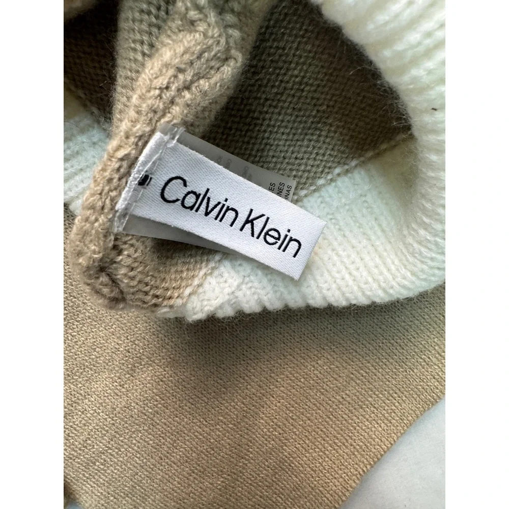 Calvin Klein Scarf and Beanie Set Tan White Monogram Logo Knit Winter