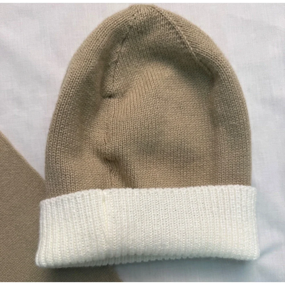 Calvin Klein Scarf and Beanie Set Tan White Monogram Logo Knit Winter