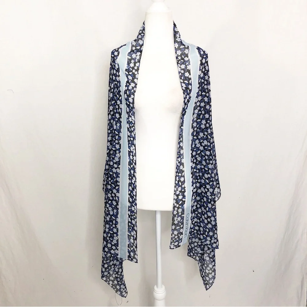 NEW Calvin Klein Silky Chiffon Floral Stripe Scarf, Black Blue