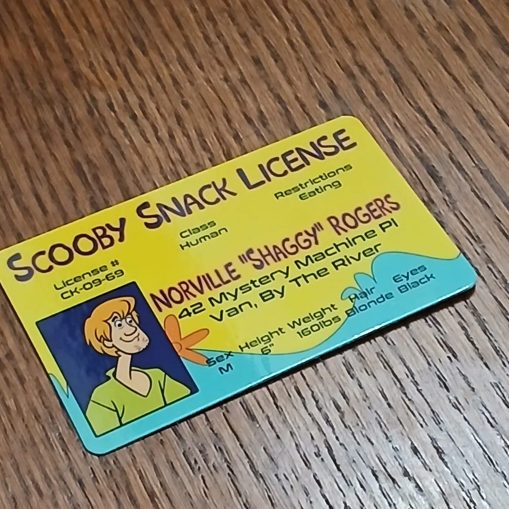 SHAGGY SNACK License ID Laminated Card SCOOBY DOO Cartoon Prop Cosplay Gift