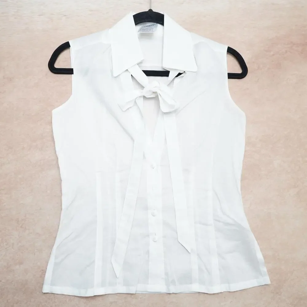 Authentic Chanel Tie Neck Sleeveless Blouse FR34