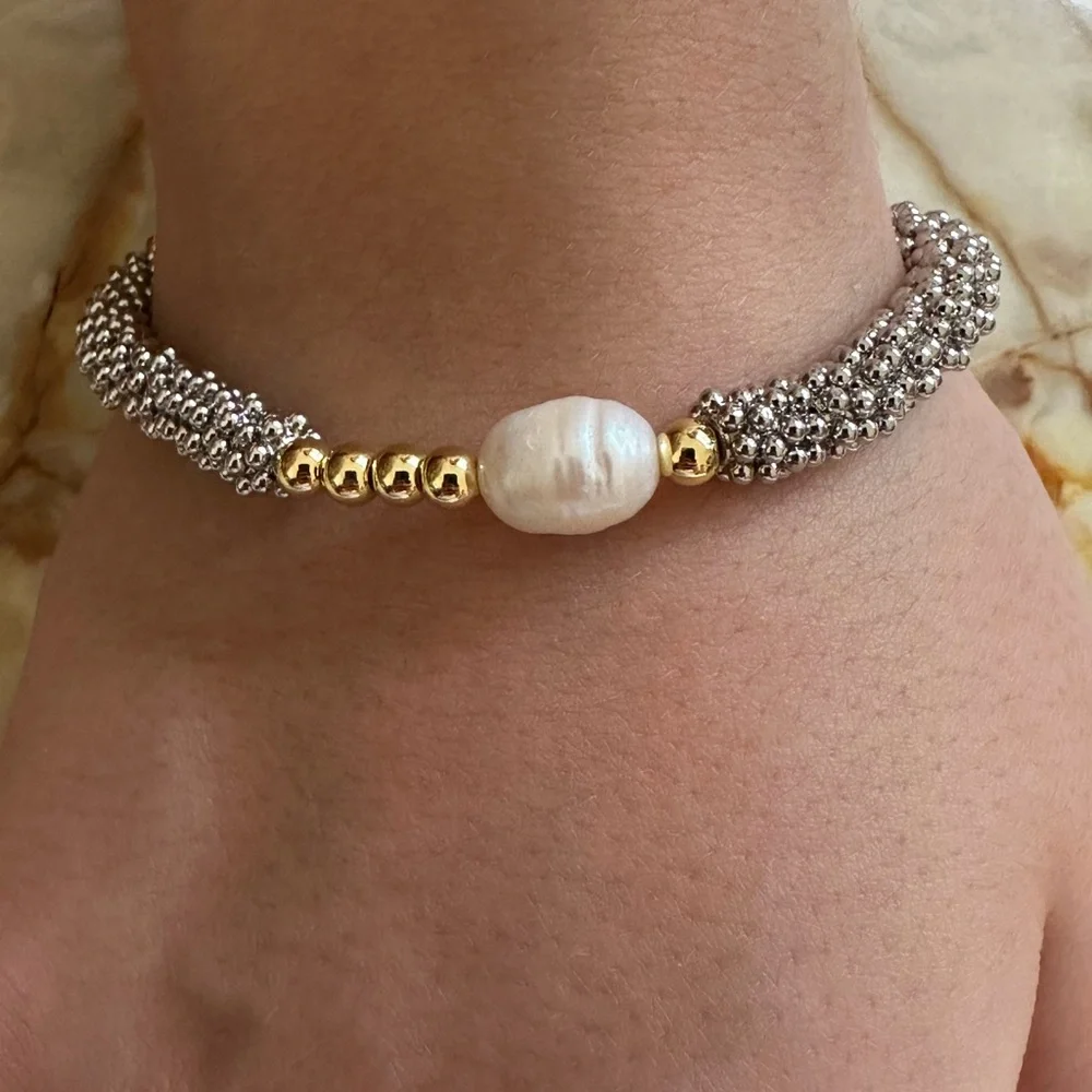 Chic Silver and Gold Beaded Bracelet with real freshwater Pearl