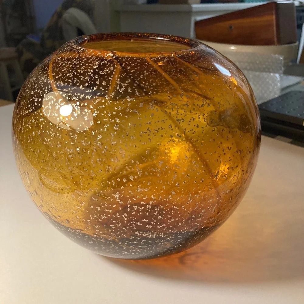 Amber Art Glass Hand Blown Orb‎ Vase Decorative Bubble Accents Swirl Design 8
