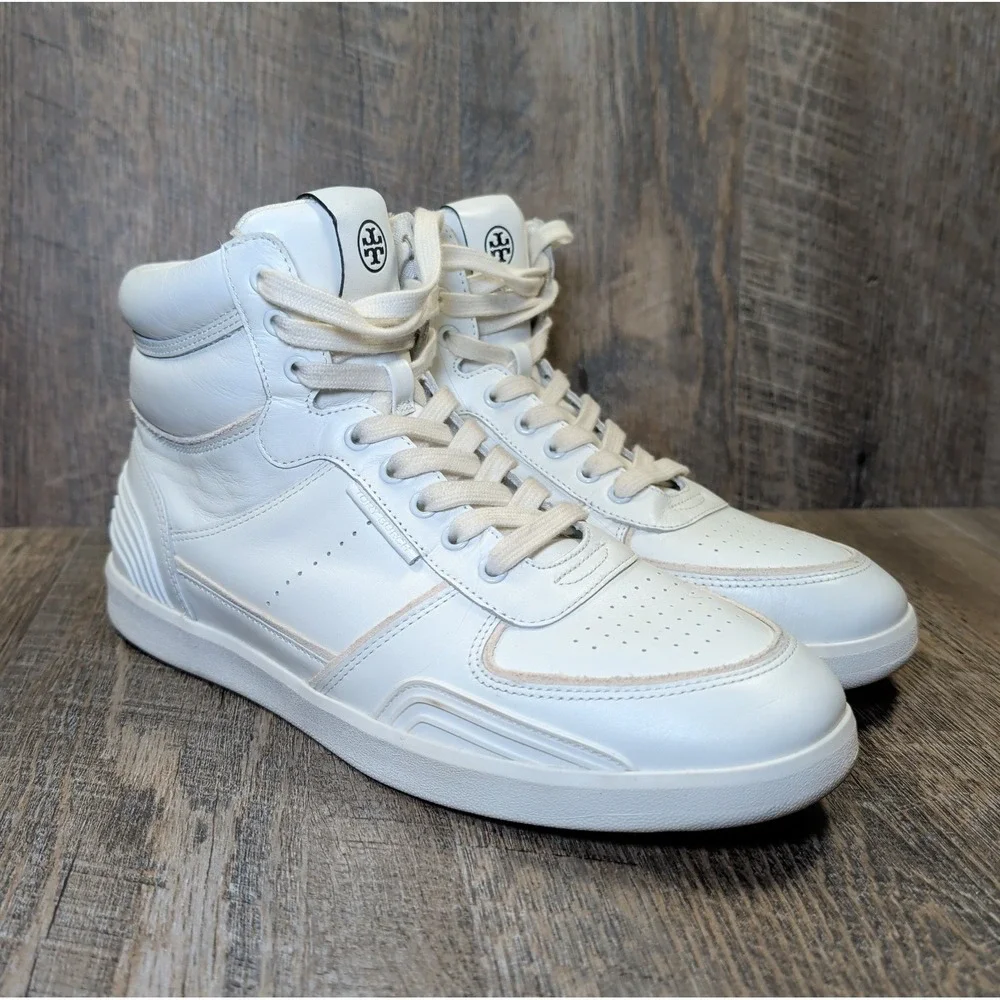 Tory Burch Clover Court High Top Sneaker White Leather Women's Size 10.5 M