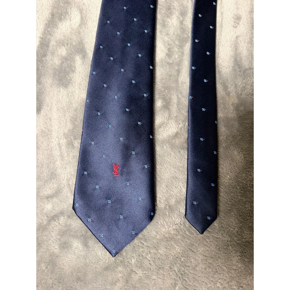 VTG Yves Saint Laurent Neckwear Tie Blue Red YSL Monogram Logo GeometricPattern