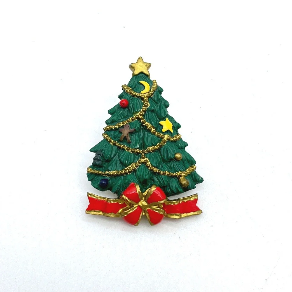 Vintage AGC Inc Christmas Tree Pin Brooch Red Bow Green Enamel Star‎ Moon