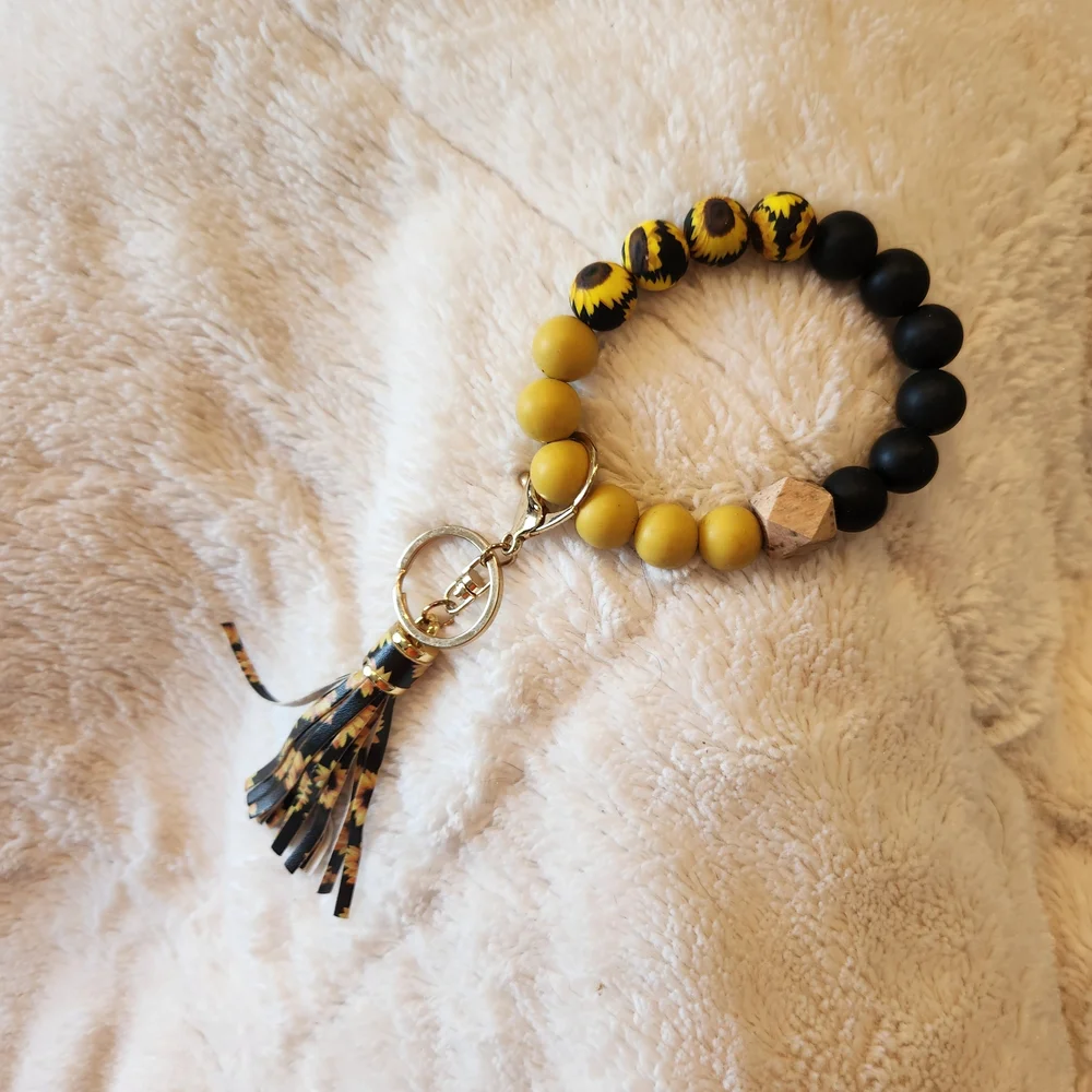 Silicone Yellow and Black Beaded Tassel Keyring Bracelet BNWOT