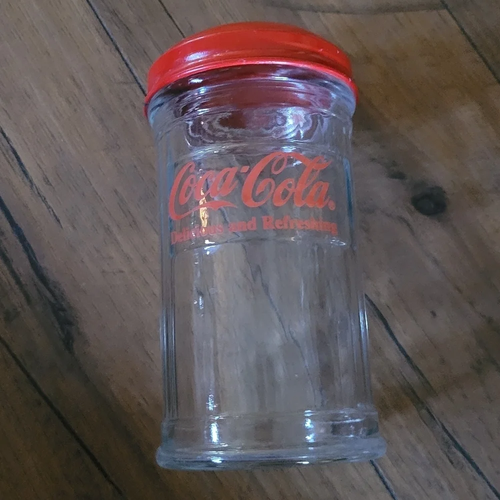 Vintage 1992 Coca-Cola Glass Straw Dispenser Red Metal Flip Top‎ Lid Retro Diner