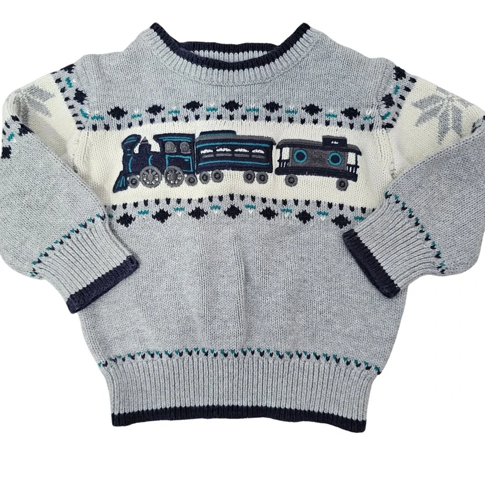 Gymboree Dressed Up Boys Grey Blue Train Knit‎ Cotton Sweater 6-12 Months