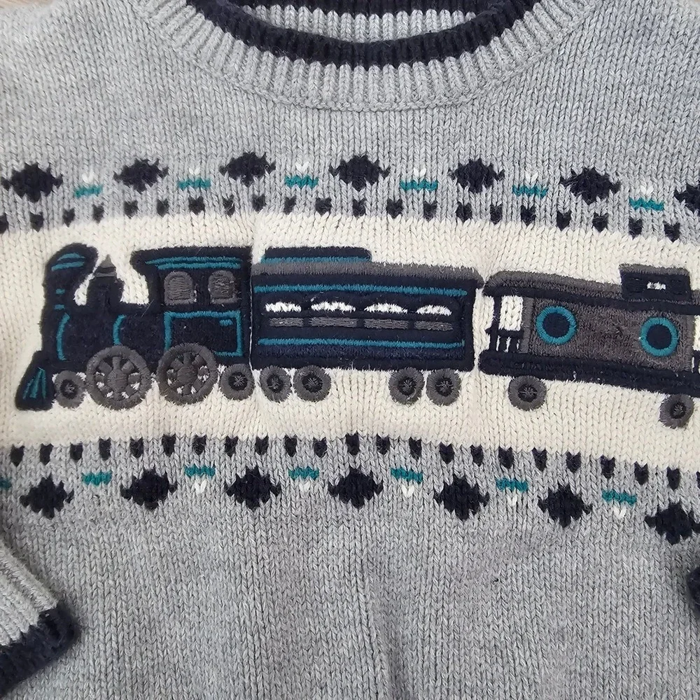 Gymboree Dressed Up Boys Grey Blue Train Knit‎ Cotton Sweater 6-12 Months