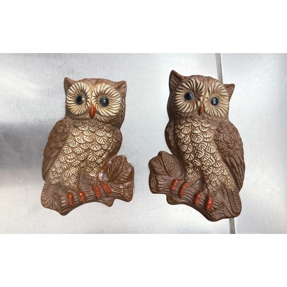 Vintage Homco Owl Wall Plaques Set of 2 Brown Faux Wood Resin Retro Decor