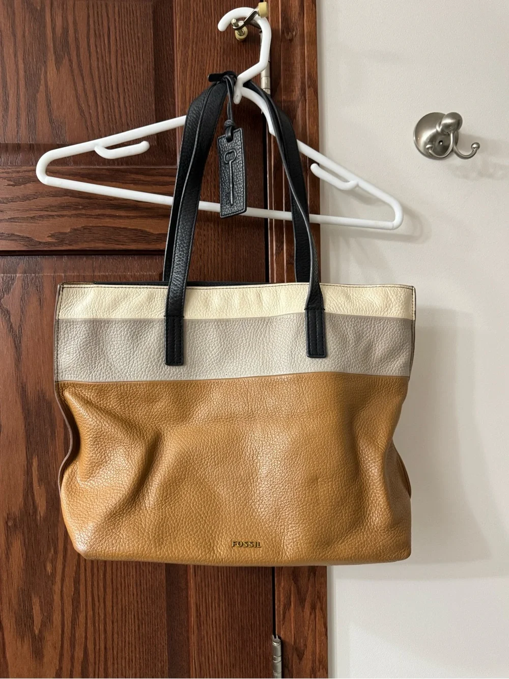 Fossil Tri-Panel Leather Tote in Tan, Cream & Gray with Black Straps