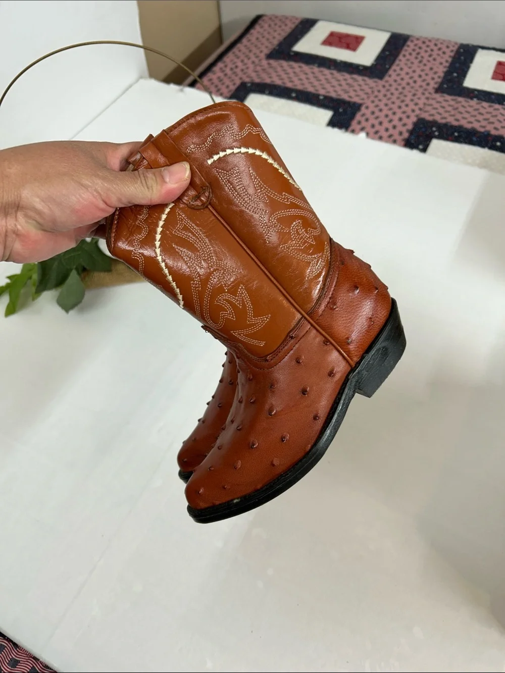 Kids Brown Ostrich-Textured Western Ankle Boots
