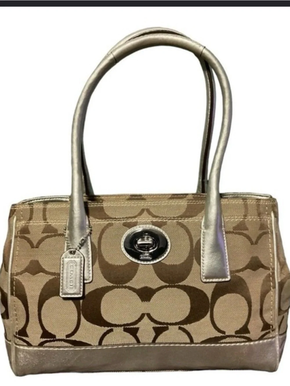 Coach Hampton Madeline Khaki and Metallic Canvas Tote