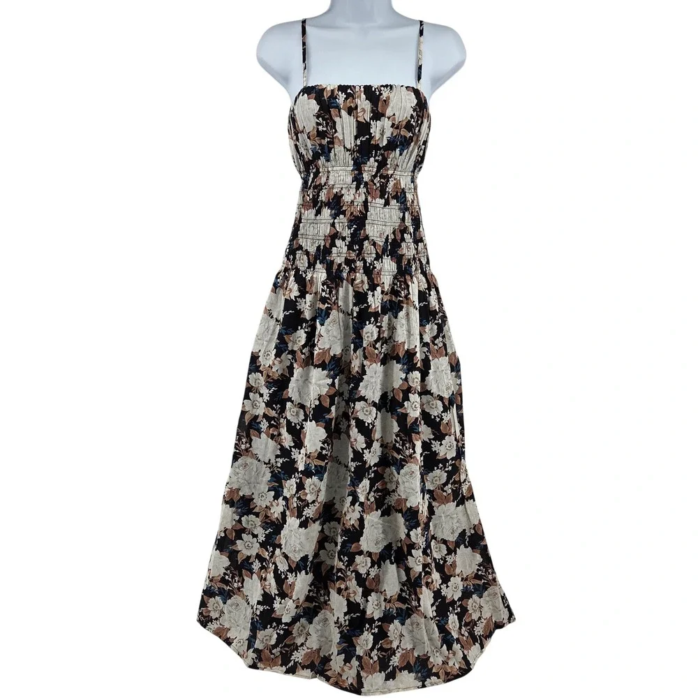 Abercrombie & Fitch Maxi Dress XS‎ Black White Floral Smocked Boho Cottagecore