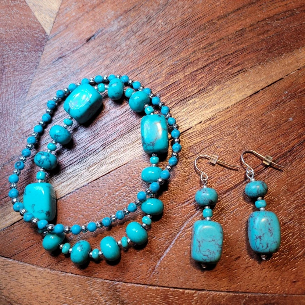 Beaded Bracelet Faux Turquoise with Dangle Earrings‎ Set Womens Jewelry