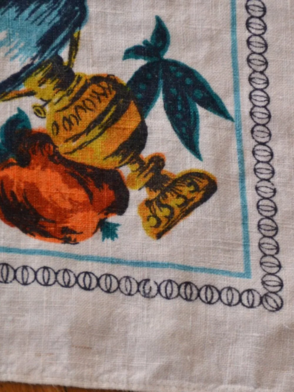 Vintage Mid-Century 100% Linen Tablecloth Fruit Turquoise Gold 57