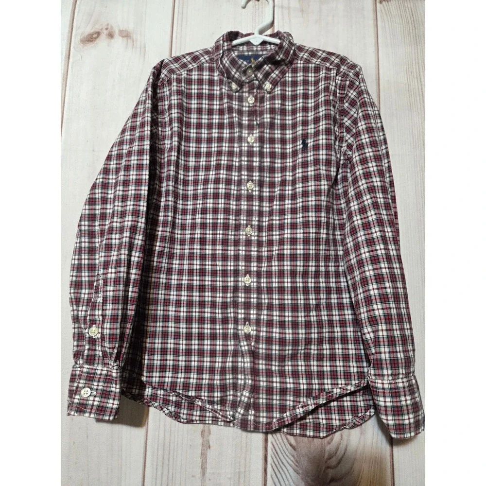 Ralph Lauren‎ Boys Red Plaid Cotton Button Down Shirt Size M 10-12 Long Sleeve