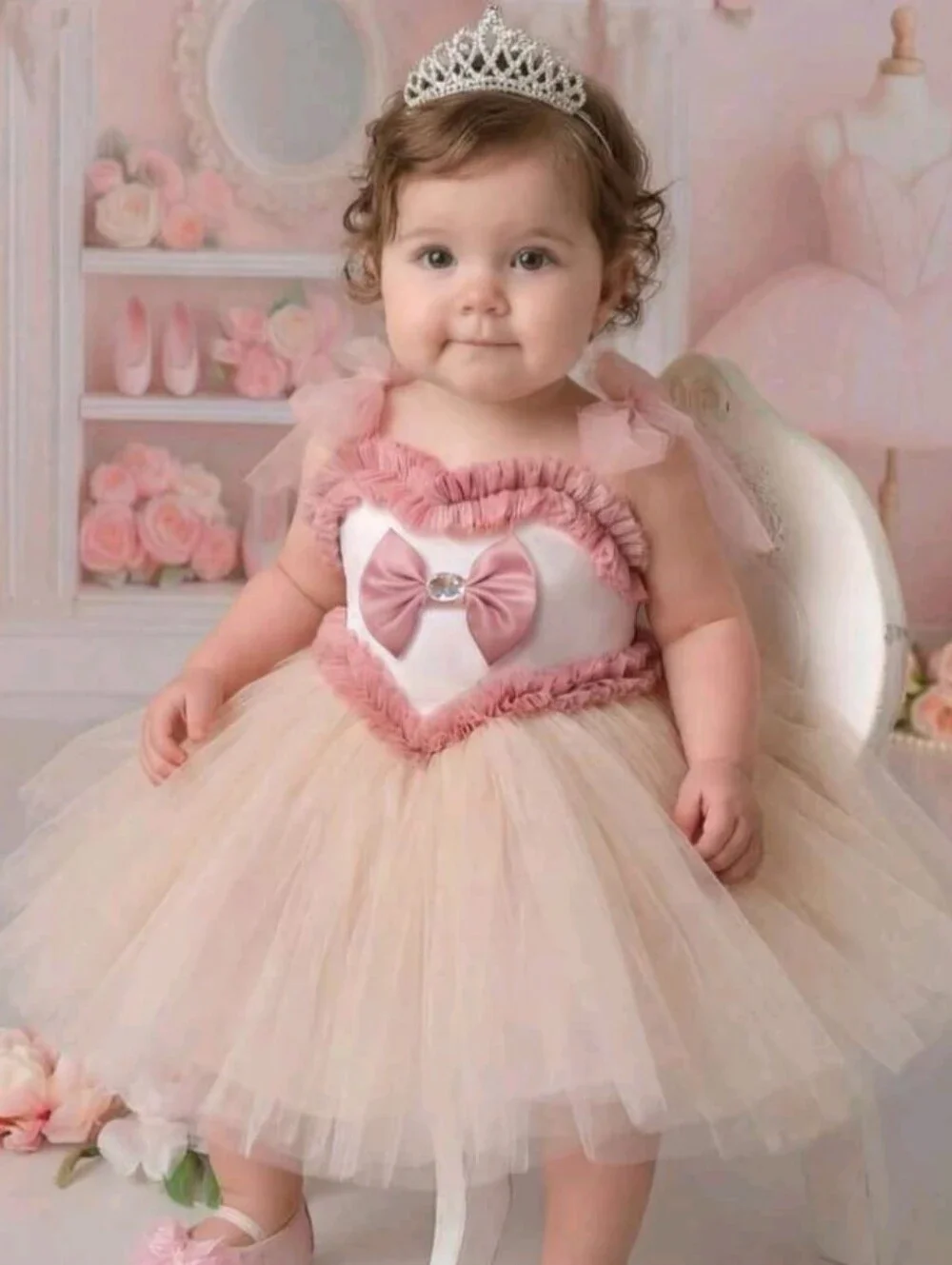 Blush Pink and Cream Tutu Dress with Bow and Tiara