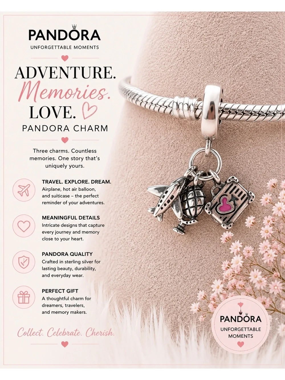 Pandora Unforgettable Moments Travel Charm Bracelet Silver